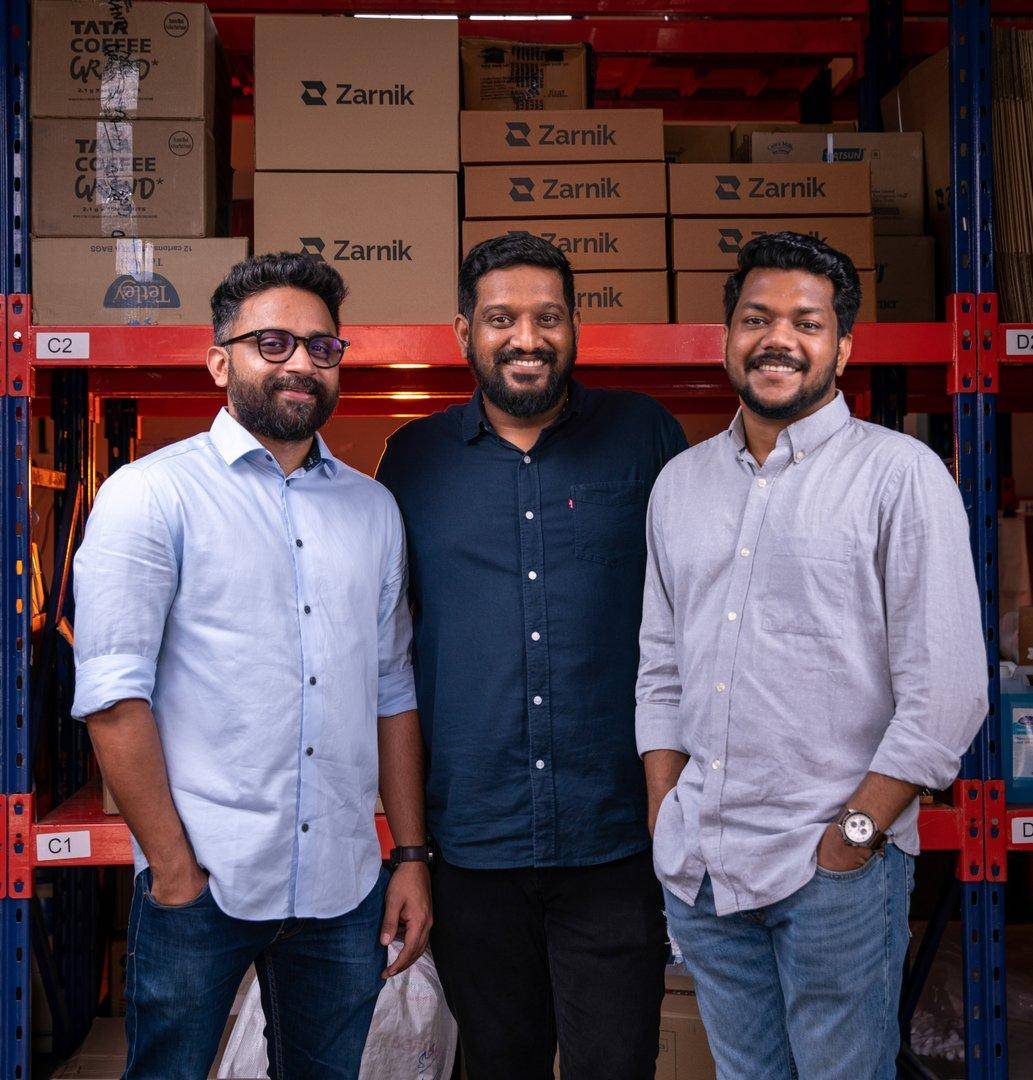 Image of Zarnik's founders - Azhar Umar, Prasobh Kumar and Rahul Jayan in their Kochi warehouse